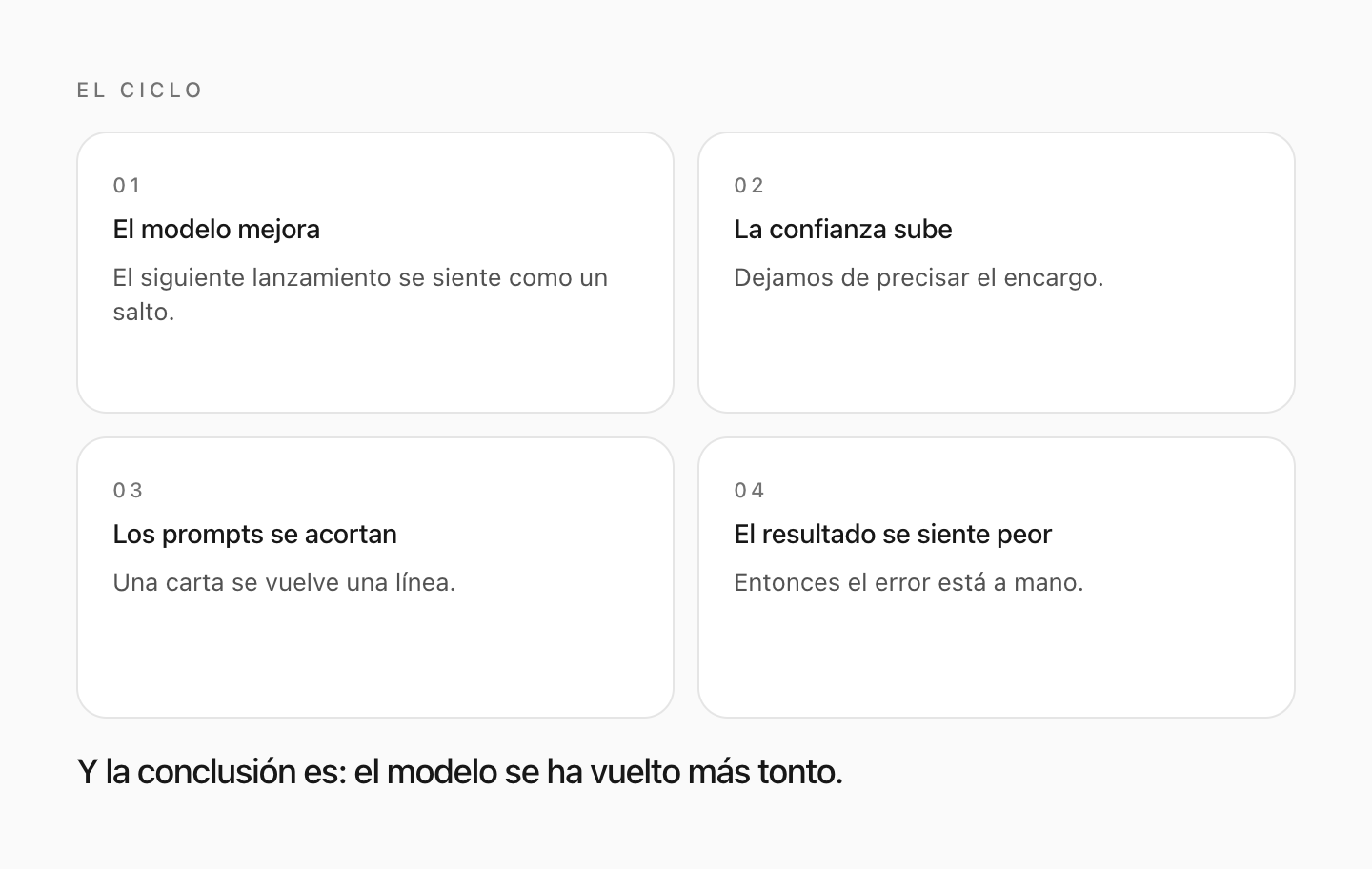 Cuanto mejor es el modelo, más corto es el prompt — y más fácil el error de pensar que el modelo se ha vuelto más tonto.